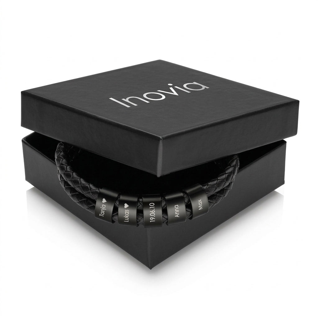 Bracelet en cuir avec perles gravées - Inovia