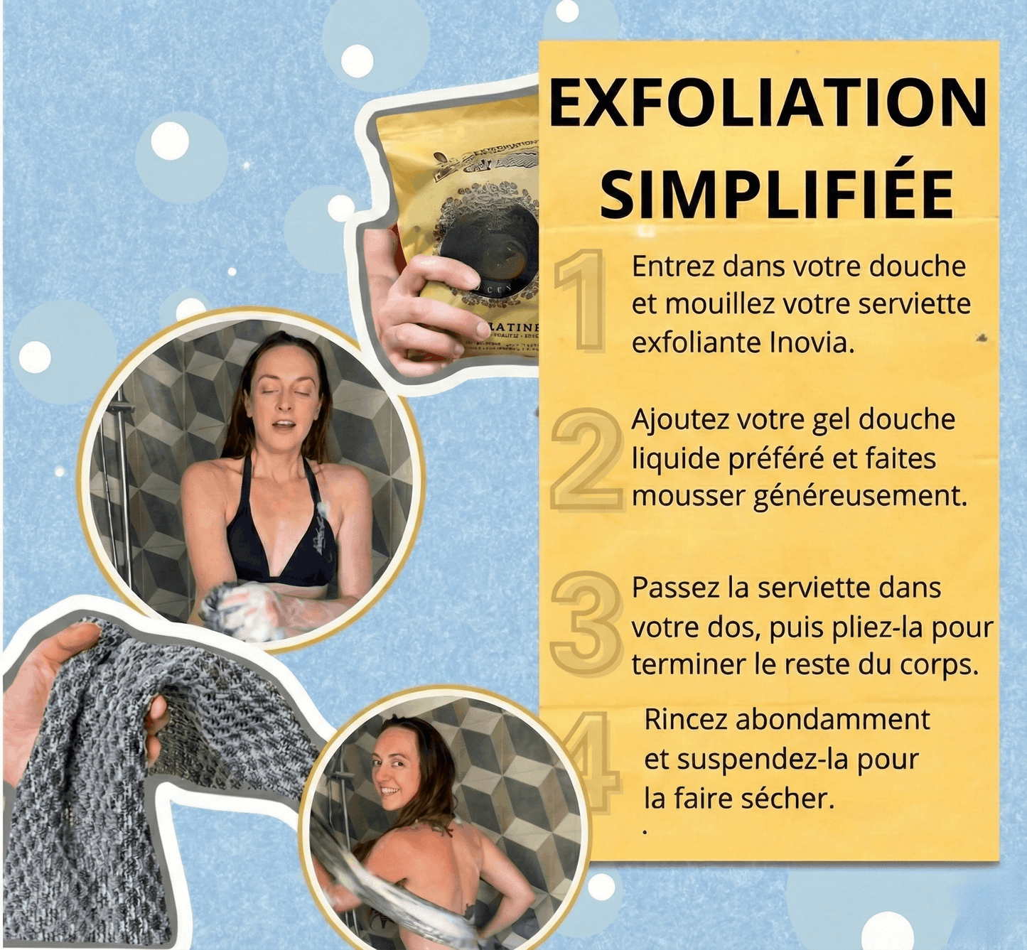 Serviette de douche exfoliante antibactérienne - Inovia